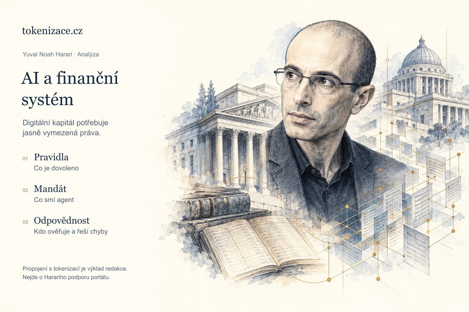 Redakční infografika: Harari, AI agenti a proměna finančního systému